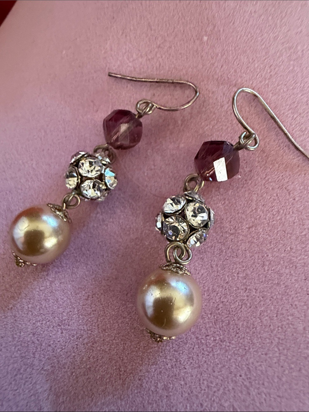 Purple, Pearl and Crystal Color Drop Earrings, 1.5”, (J0080)